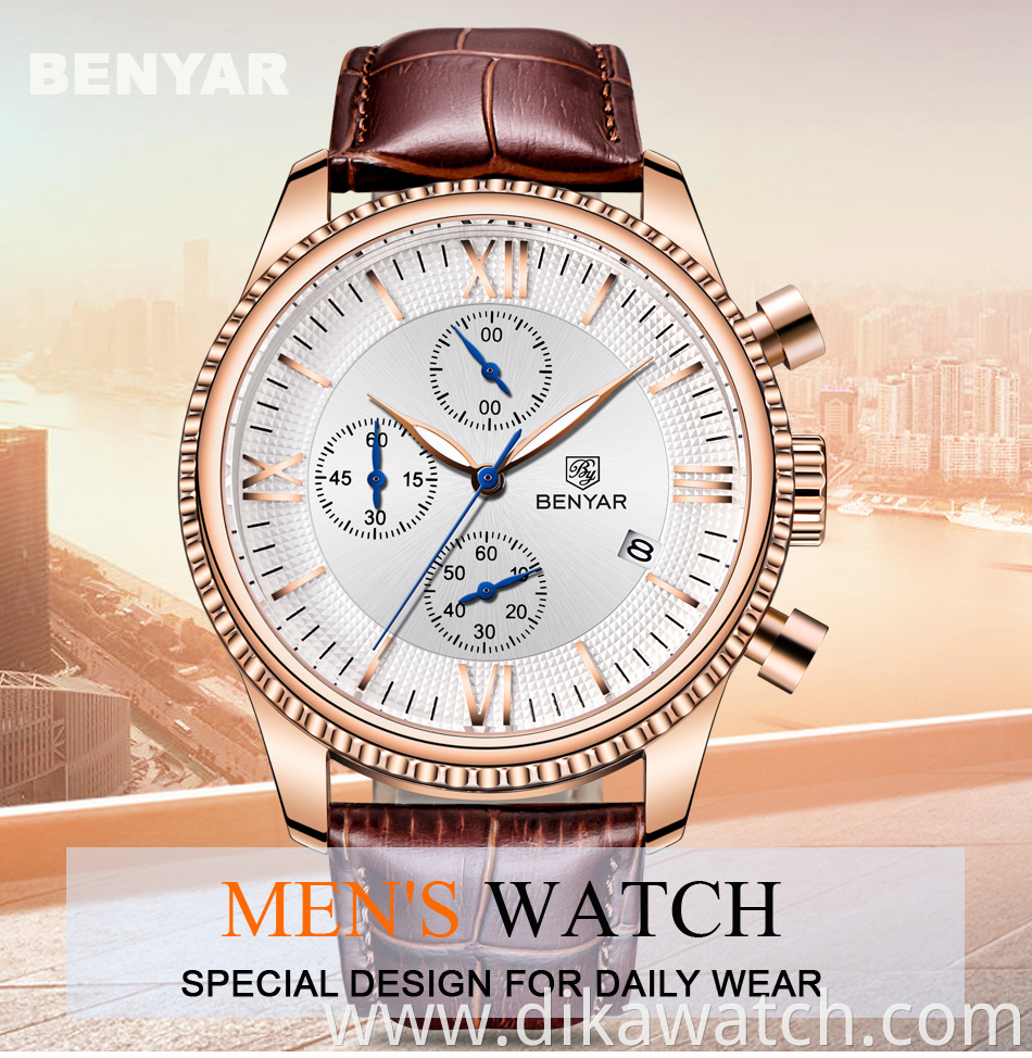 Top Luxury Brand Benyar watches mens wristwatch Fashion Sports Quartz Waterproof Leather Men Business Watch Relogio Masculino